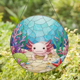 Cute Axolotl Underwater Plants Coral Seafloor - Wildlife Lover Home Decor Gift Stained Glass Suncatcher