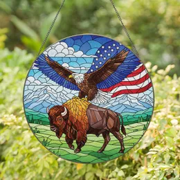 Bald Eagle American Bison Flag Mountains Patriotic Home Decor Gift for Veterans Stained Glass Suncatcher