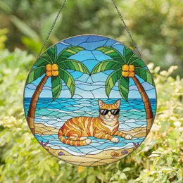 Striped Cat Sunglasses Beach Palm Trees - Beach Decor Gift for Cat Lover Stained Glass Suncatcher