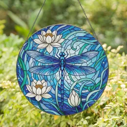 Stained Glass Blue Dragonfly White Lotus Aquatic Plants - Home Decor Gift Stained Glass Suncatcher