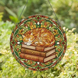 Orange Tabby Cat Sleeping Stacked Vintage Books - Home Decor Gift for Cat Lover Stained Glass Suncatcher
