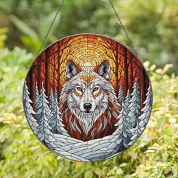 White Wolf Orange Eyes Snowy Forest Evergreen Bare Trees - Wildlife Lover Gift Stained Glass Suncatcher