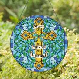 Cross With God All Things Are Possible Butterfly Blue Flowers - Home Decor Gift Stained Glass Suncatcher