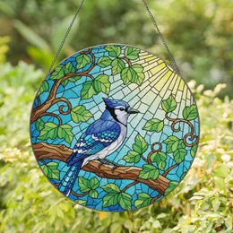 Blue Jay Tree Branch Green Leaves Sunrays Clear Blue Sky - Wildlife Lover Gift Stained Glass Suncatcher