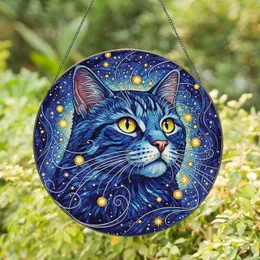 Cat Face Yellow Eyes Blue Indigo Bokeh Starry Night - Home Decor Gift for Cat Lover Stained Glass Suncatcher