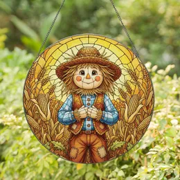 Friendly Scarecrow Doll Autumn Field - Harvest Season Home Decor Gift Stained Glass Suncatcher