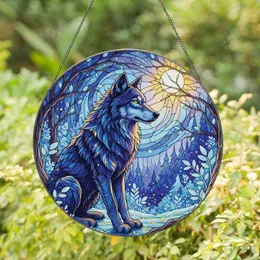 Luminous Dark Blue Purple Wolf Forest Moon Aurora - Wildlife Lover Home Decor Gift Stained Glass Suncatcher