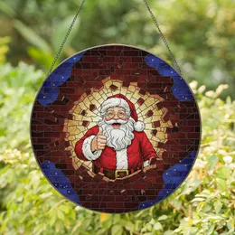 Santa Claus with Wide Smile Bursting Brick Wall Night Sky - Christmas Holiday Gift Stained Glass Suncatcher