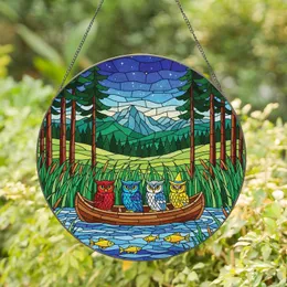 Four Owls Canoe Forest Hills Starry Sky Water Scene - Home Decor Gift for Owl Lovers Stained Glass Suncatcher