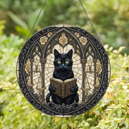 Black Cat Ancient Book Gothic Rose Candelabra - Home Decor Gift for Cat Lover Stained Glass Suncatcher