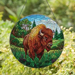 American Bison Rolling Hills Landscape - Wildlife Lover Home Decor Gift Stained Glass Suncatcher