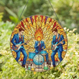 Fiery Head Musician Band Blue Drum Set - Music Lover Home Decor Gift Stained Glass Suncatcher