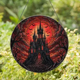 Gothic Haunted Castle Spires Blood Moon Bats Twisted Branches - Spooky Home Decor Gift Stained Glass Suncatcher