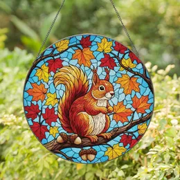 Squirrel Acorns Autumn Maple Leaves - Wildlife Lover Home Decor Gift Stained Glass Suncatcher