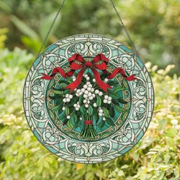 Mistletoe Deep Green Leaves White Berry Red Bow Circular Frame - Christmas Holiday Gift Stained Glass Suncatcher