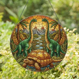 Ancient Tortoise Sauropod Dinosaurs Jungle - Wildlife Lover Gift Stained Glass Suncatcher