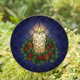 Illuminated Pillar Candle Pine Wreath Red Berry - Christmas Home Decor Gift Stained Glass Suncatcher