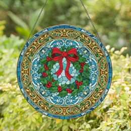 Festive Red Bow Holly Wreath Ornate Scrollwork Border - Christmas Holiday Home Decor Gift Stained Glass Suncatcher