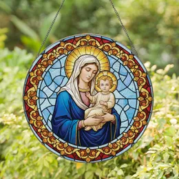 Virgin Mary Baby Jesus Golden Halos Mosaic Border - Religious Home Decor Gift for Believers Stained Glass Suncatcher