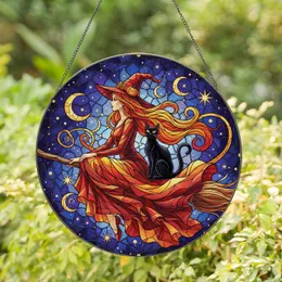 Witch Black Cat Broom Jack-o'-Lantern Moon - Halloween Home Decor Gift Stained Glass Suncatcher