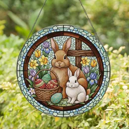 Brown Rabbit Baby Easter Eggs Woven Basket Spring Flowers - Easter Home Decor Gift Stained Glass Suncatcher