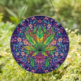 Rainbow Cannabis Leaf Swirling Abstract Floral Botanical Mosaic - Home Decor Gift for Plant Lover Stained Glass Suncatcher