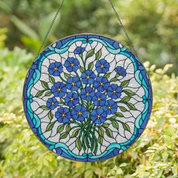 Five-Petal Blue Flower Bouquet Green Leaves Aqua Border - Home Decor Gift Stained Glass Suncatcher
