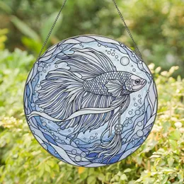 Betta Fish Flowing Fins Silver Tassel Star Emblem Water Currents - Aquatic Lover Home Decor Gift Stained Glass Suncatcher