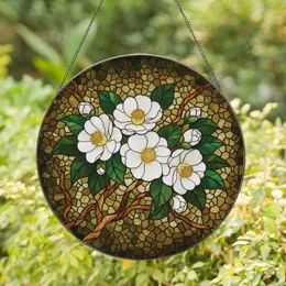 White Camellia Flowers Golden Centers Leaves Branch - Home Decor Gift for Plant Lover Stained Glass Suncatcher