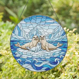 Family of Three Seals Ice Floe Arctic Scene - Wildlife Lover Decor Gift Stained Glass Suncatcher