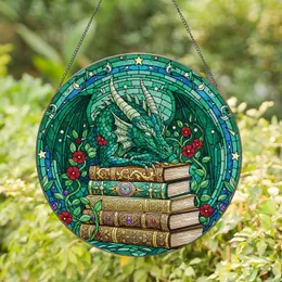 Green Blue Dragon Sleeping Ancient Ornate Books Celestial Vibrant Vines - Home Decor Gift Stained Glass Suncatcher