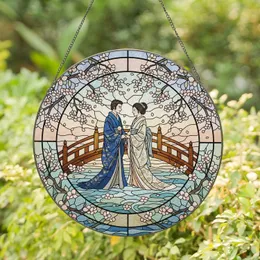 Loving Couple Cherry Blossom Bridge - Romance & Connection Home Decor Gift for Couples Stained Glass Suncatcher