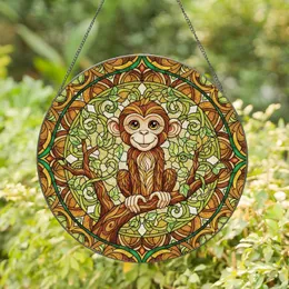 Monkey Perched Branch Vines Acanthus Scrollwork - Home Decor Gift for Wildlife Lover Stained Glass Suncatcher