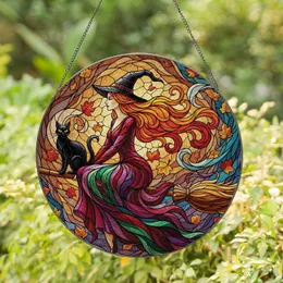 Graceful Witch Riding Broom Black Cat - Halloween Decor Gift for Witch Lovers Stained Glass Suncatcher