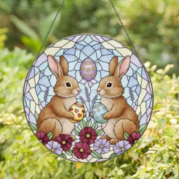 Fluffy Brown Bunnies Easter Eggs Burgundy Lavender Flowers - Easter Home Decor Gift for Bunny Lovers Stained Glass Suncatcher