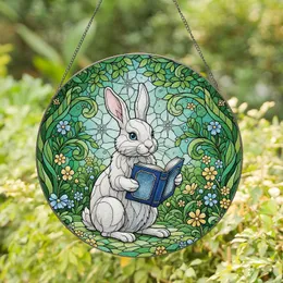 White Rabbit Reading Book Forest Wildflowers - Home Decor Gift Stained Glass Suncatcher