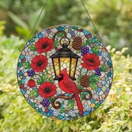 Red Cardinal Lantern Stained Glass Mosaic Poppies Berries Pinecones - Home Decor Gift Stained Glass Suncatcher