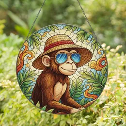 Cartoon Monkey Straw Sun Hat Aviator Tropical Landscape Home Decor Gift for Wildlife Lover Stained Glass Suncatcher