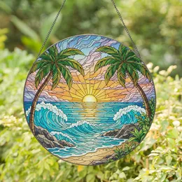 Palm Trees Tropical Sunset Ocean Beach - Coastal Home Decor Gift Stained Glass Suncatcher