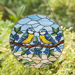 Gazing Blue Tits on Branch with Berries - Wildlife Home Decor Gift for Bird Lovers Stained Glass Suncatcher