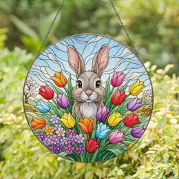 Gray Bunny Rabbit Spring Tulips Wildflowers - Home Decor Gift for Garden Lover Stained Glass Suncatcher