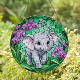 Baby Elephant Purple Orchid Foliage - Home Decor Gift for Wildlife Lover Stained Glass Suncatcher