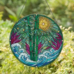 Green Bamboo Golden Sun Wheel Blue Waves Teardrop Scrolling Jewel - Home Decor Gift Stained Glass Suncatcher