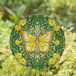Stained Glass Yellow Butterfly Green Floral Garland - Home Decor Gift for Butterfly Lovers Stained Glass Suncatcher
