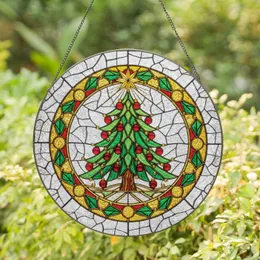 Christmas Tree Red Baubles Star Ornate Border Crackled Glass - Christmas Gift Stained Glass Suncatcher