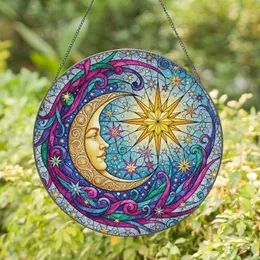 Crescent Moon Human Face Radiant Star Celestial Swirls - Home Decor Gift for Astrology Lover Stained Glass Suncatcher