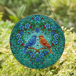 Birds Kissing Heart Wreath Blooms - Home Decor Gift for Bird Lover Stained Glass Suncatcher