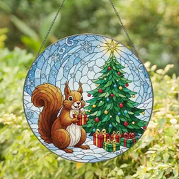 Brown Squirrel Gift Box Christmas Tree Snowy Winter Scene - Holiday Home Decor Gift for Squirrel Lover Stained Glass Suncatcher