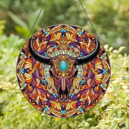 Turquoise Cabochon Bull Skull Feather Floral Mandala Mosaic - Home Decor Gift Stained Glass Suncatcher