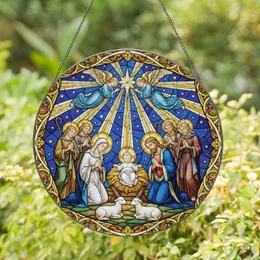 Baby Jesus Manger Mary Joseph Shepherds Angels - Starry Night Christmas Decor Gift Stained Glass Suncatcher
